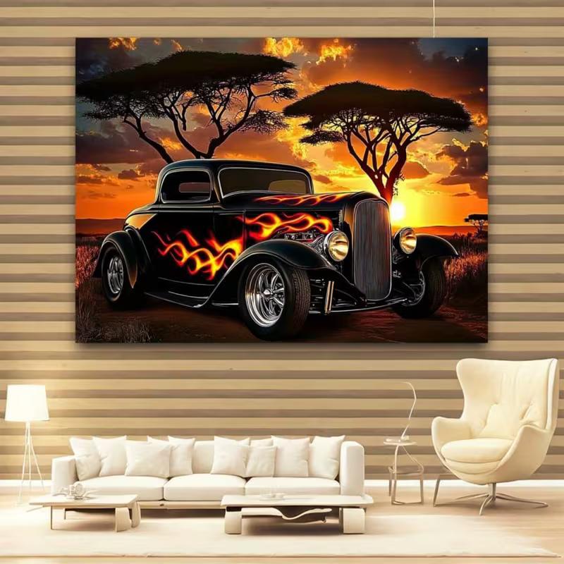 Stylish Old Car Tapestry, Hot Rod with Flames at African Sunset Landscape Wall Art for Party Backdrop