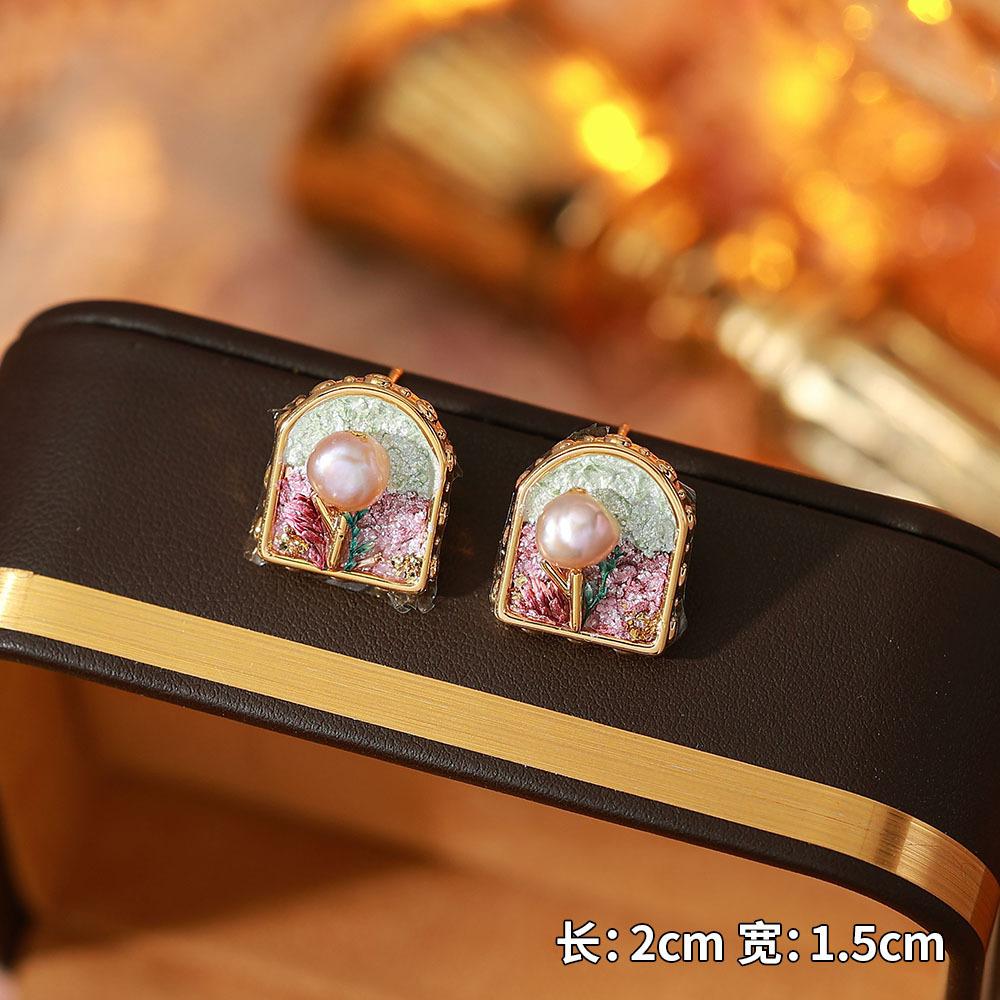 Ainibenni Original Design Enamel Painted Earrings for Women, Monet Garden Oil Painting Style Stud Earrings