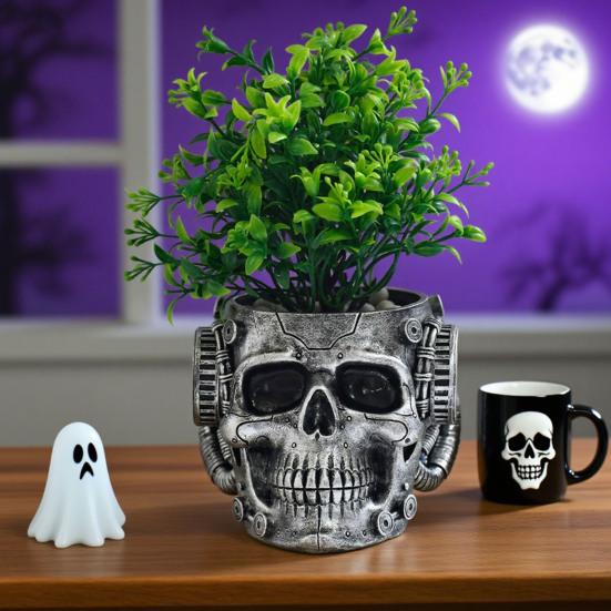 Resin Skull Planter Steampunk Machinism Human Skull Plant Pot Gothic Flower Vase with Drainage Hole for Home Office Decor