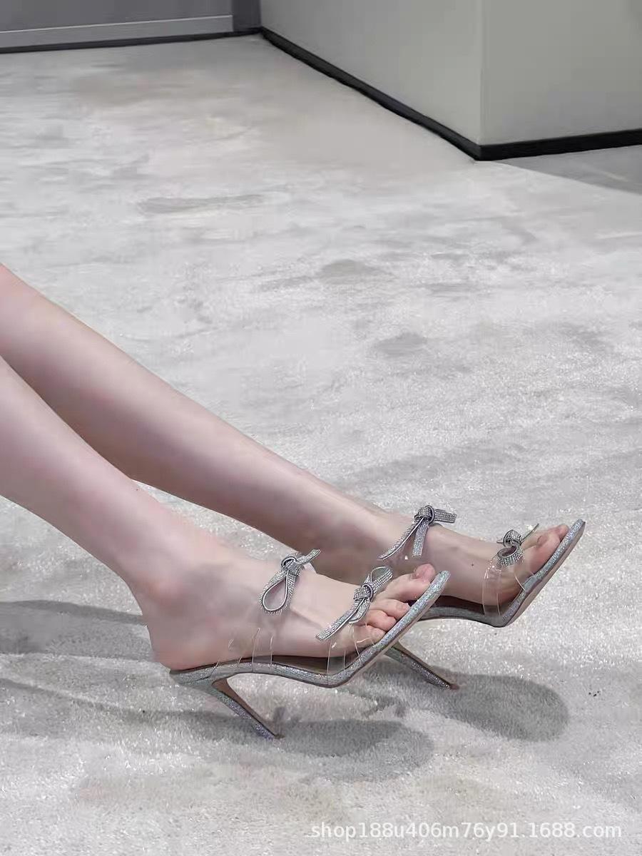 

[Spot] Internet celebrity Xiaoxue same bow rhinestone high heel sandals women s open toe cool slippers temperament high heels 40