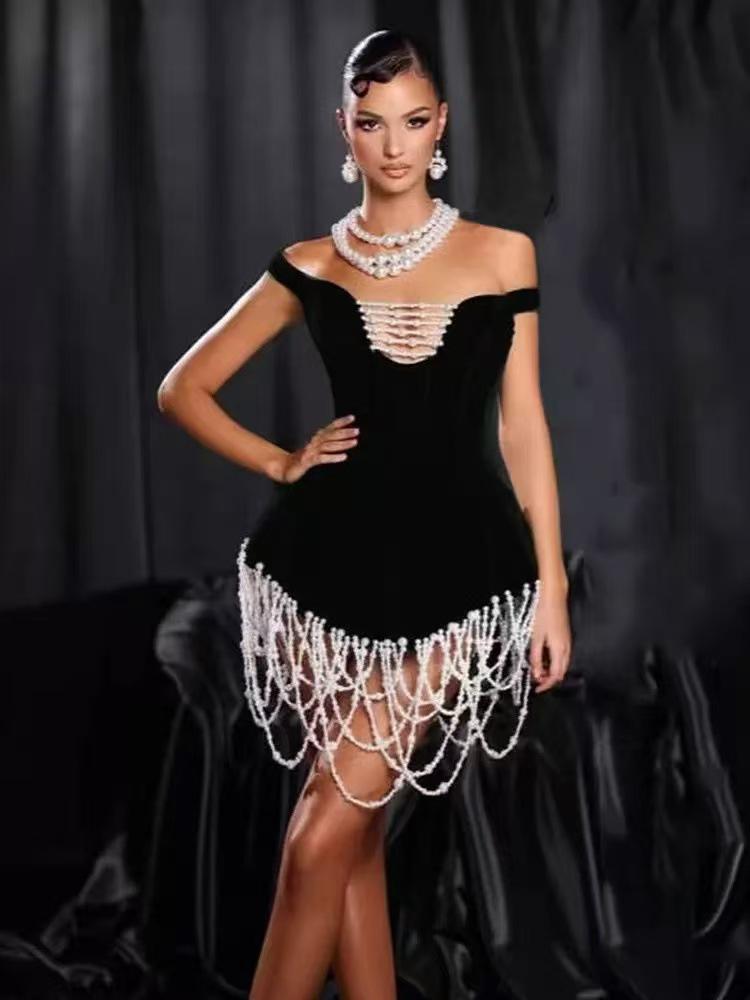New Women's European & American One-Shoulder Strapless Bodycon Dress with Bandage & Pearl Details