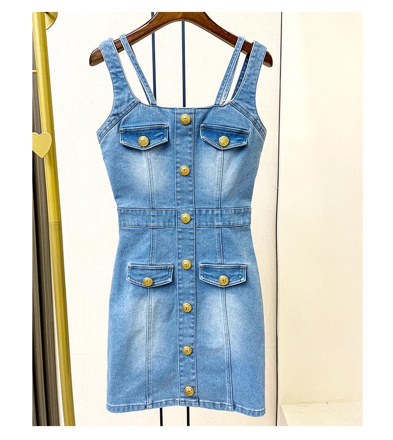 

Маленькое джинсовое платье-сарафан в стиле звезды - Универсальное, милое и пикантное платье-жилет с высокой талией синего цвета для женщин L светло-синий