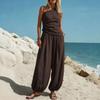 Women Tank Top Pants Two Piece Set Summer One-shoulder Sleeveless Shirt Trousers Solid Color Breathable Loose Casual Top Pants Suit