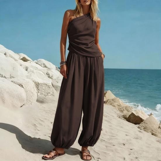 Women Tank Top Pants Two Piece Set Summer One-shoulder Sleeveless Shirt Trousers Solid Color Breathable Loose Casual Top Pants Suit