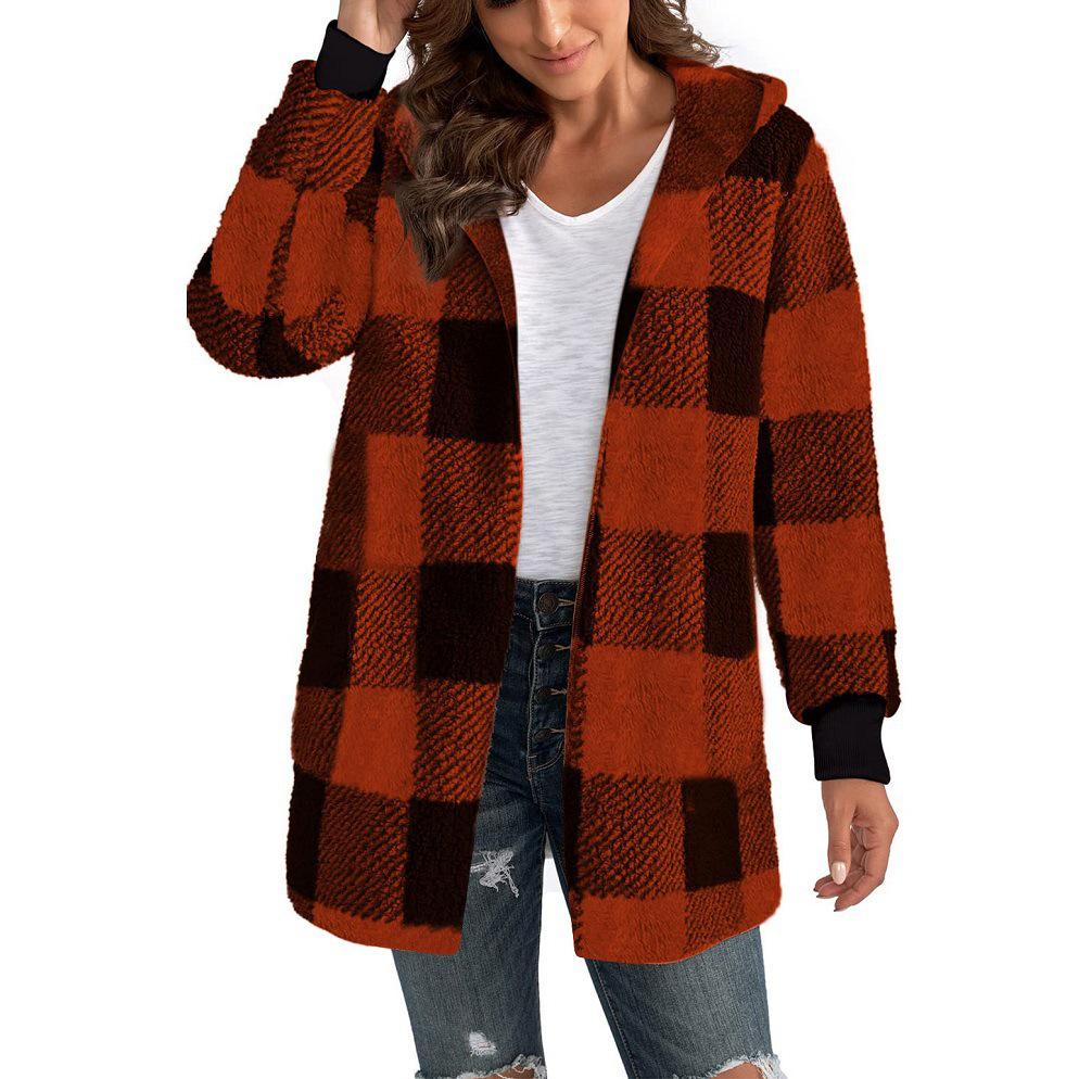 Women's Autumn/Winter Hooded Plaid Plush Cardigan Jacket