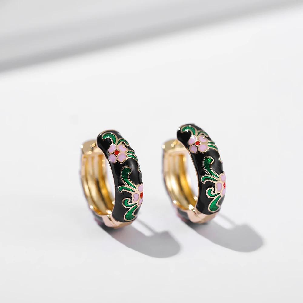 Vintage Multicolor Enamel Flower Round Hoop Earrings Boho Gold Color Circle Round Earrings Statement Jewelry Gifts for Women