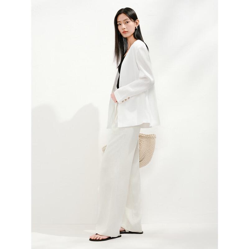 Anna Kou Women's 100% Ramie Minimalist Mid-Length Blazer