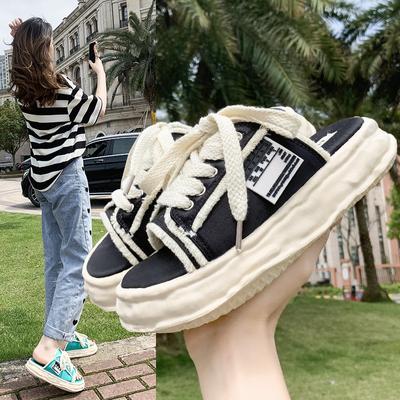 Women's Shoes Fish Mouth Cool Half Slippers Women's 2024 Summer New Wear Thick Soles Fashionable Satin Casual Canvas Slippers