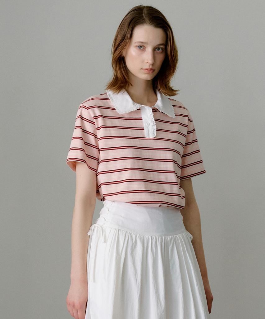 Ollibeudeollibeu Collar Lace Striped Short Sleeve T-Shirt Oe6Me5680
