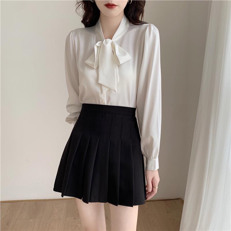 

Women s Blue Bow-Tie Chiffon Blouse - Spring/Autumn Long Sleeve Medium