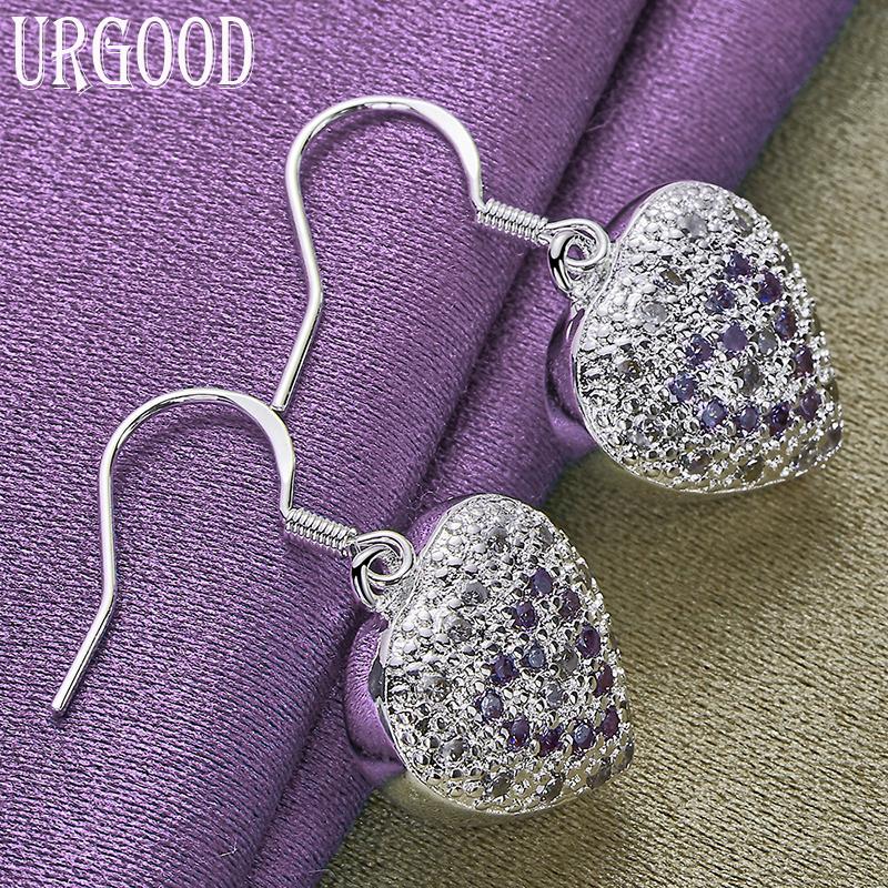 925 Sterling Silber Weiß Lila AAA Zirkon Herz Tropfen Ohrringe Schmuck