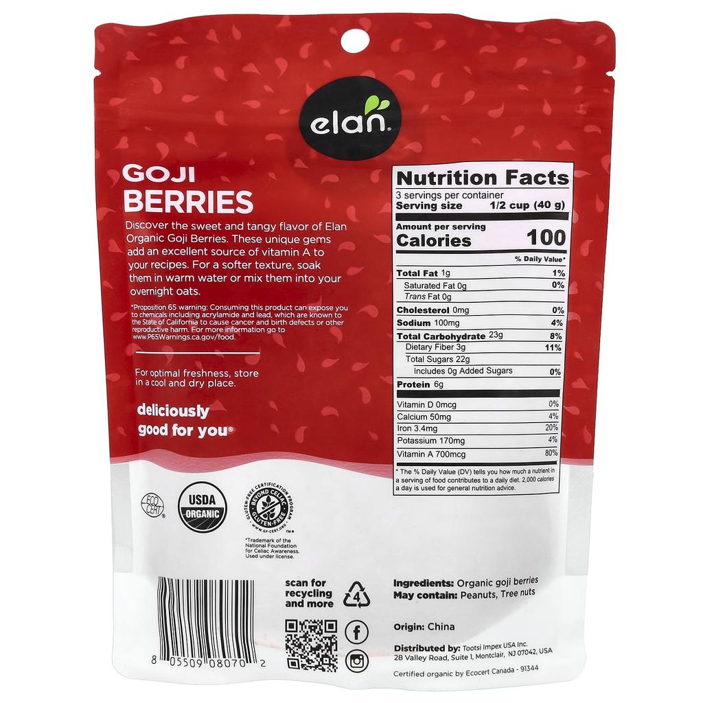 Elan, Organic Goji Berries, Sun-Dried, 140g (5oz)