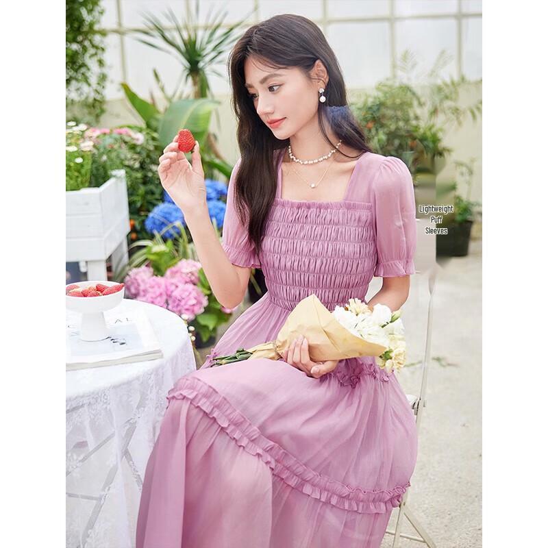 Women's Square Neck Puff Sleeve High-Waist Smocked Midi Dress