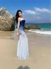 Gradient Blue Elastic Mesh Women's Strapless Fishtail Dress with Slimming Waist and Heart-Shaped Neckline