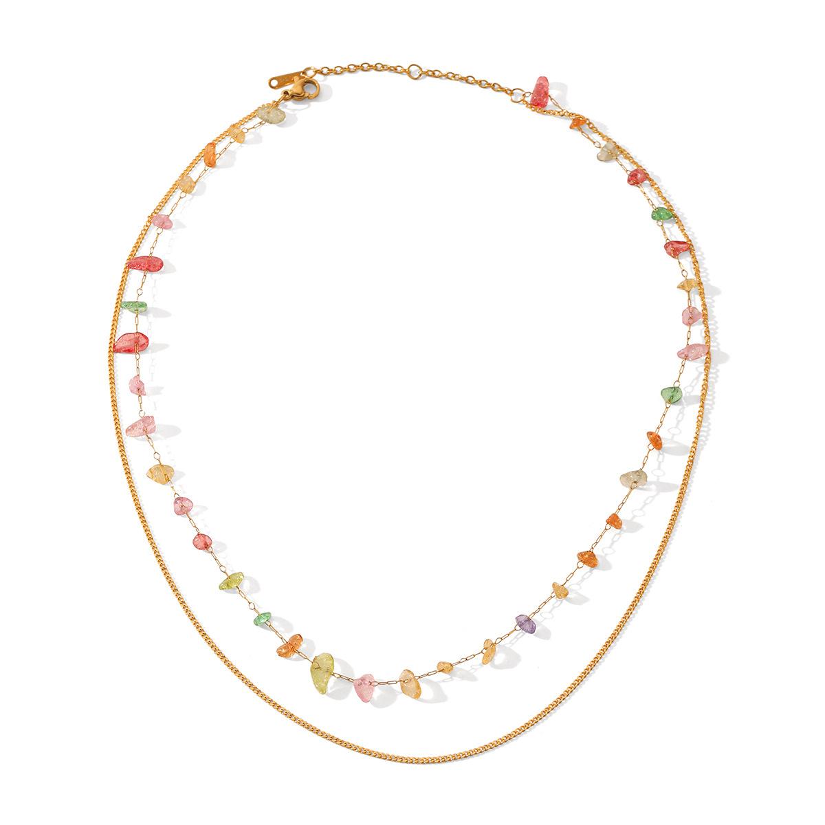 French light luxury colorful natural stone double-layer stainless steel necklace niche elegant clavicle chain
