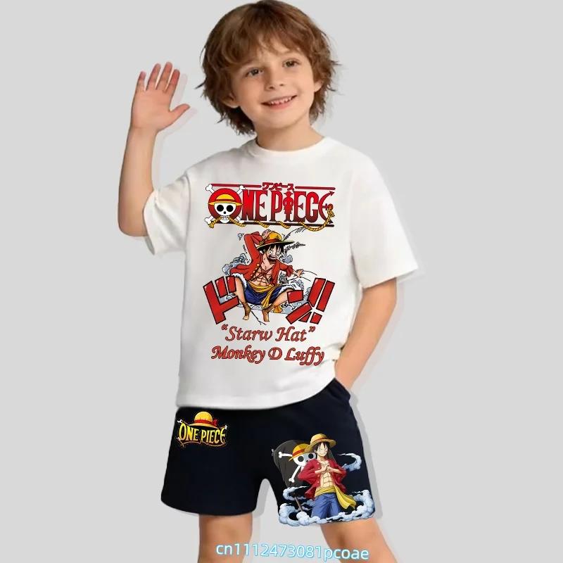 Children's Polyester Short-sleeved Shorts Set with "One Piece" Cartoon Print Boy's Sports Shirt for Summer T-shirt Set of 2 Pieces