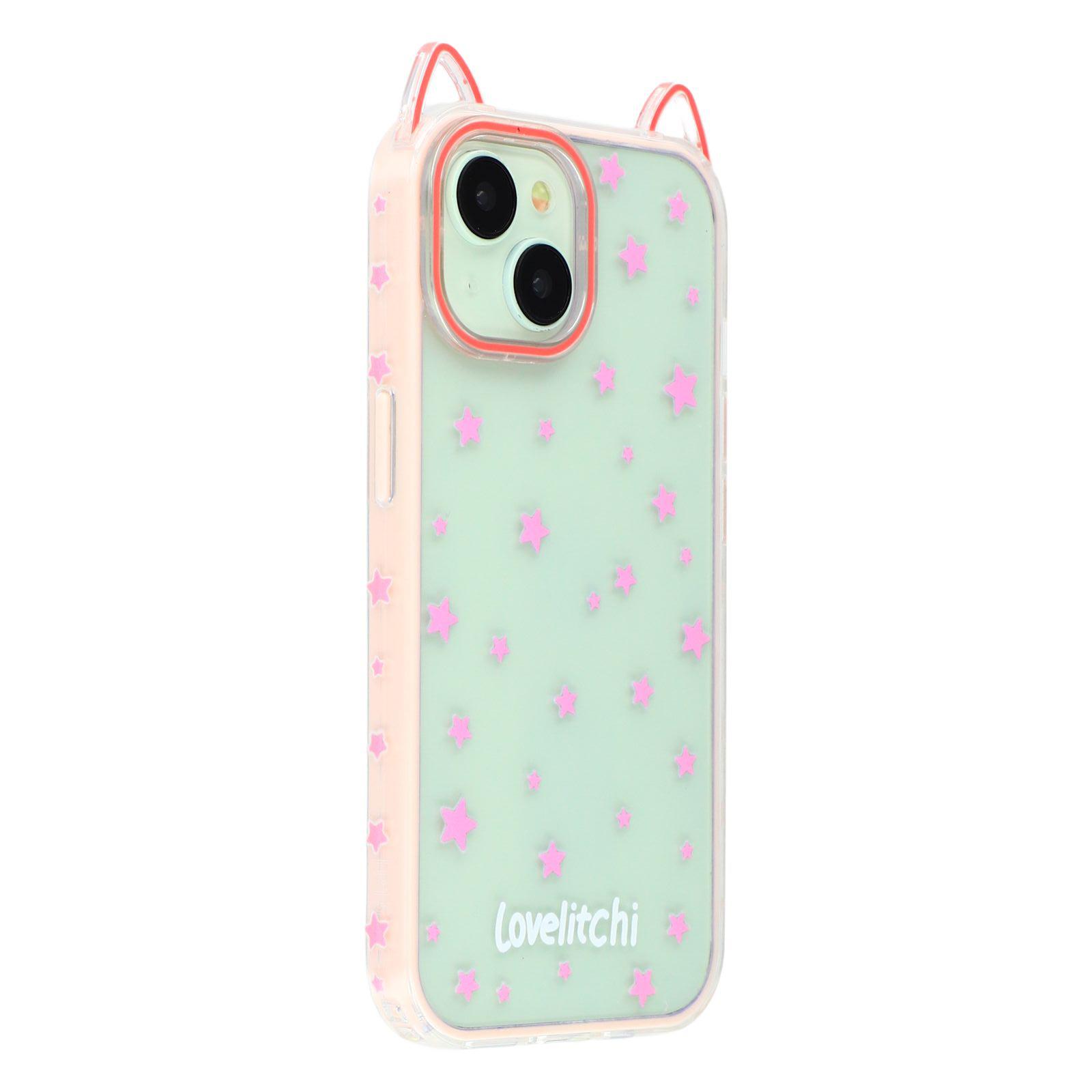 

For iPhone 15 Case Star Pattern Cat Ear Design TPU + Acrylic Clear Phone Back Cover A