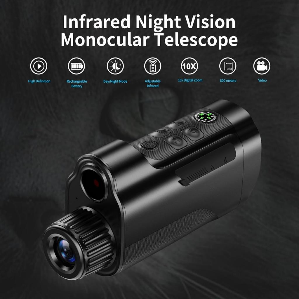Handheld Night Vision Monocular with 2" HD Screen-Detection Range,10X Zoom for Camping Hunting&Wildlife Observation, Includes Compass&Supports TF Card