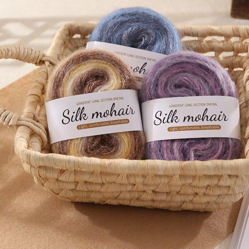 Candy-Colored Silk Gradient Tie-Dye Hand-Knitted Mohair Yarn with Metallic Thread