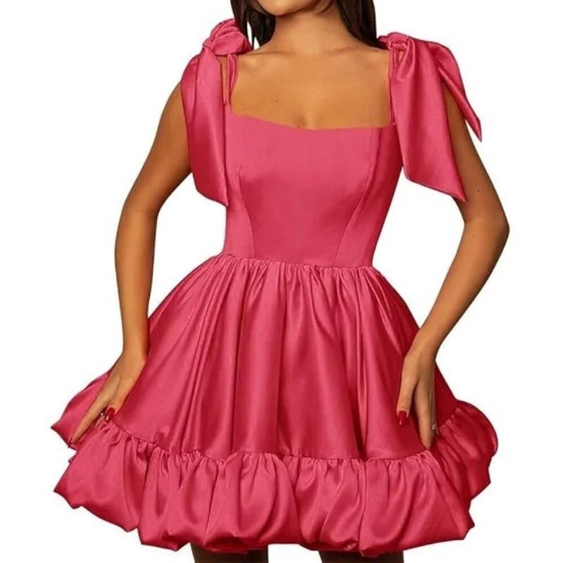 1011 new European and American style evening dress square neck bow satin tutu skirt thin birthday party dance dress