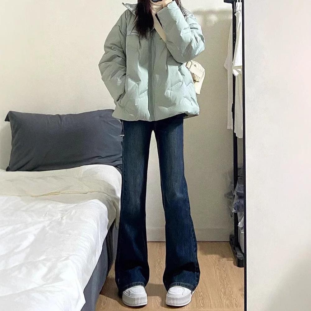 High-Waisted Retro Blue Fleece-Lined Flared Jeans - Women's Winter Slimming Straight-Leg Floor-Length Pants