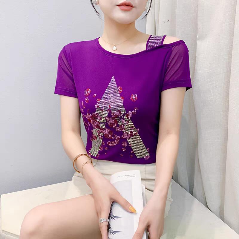 

Летняя сексуальная женская футболка с открытыми плечами, блестящие горячие бриллианты, сетчатые топы, облегающие, с коротким рукавом, повседневные футболки 3XL фиолетовый