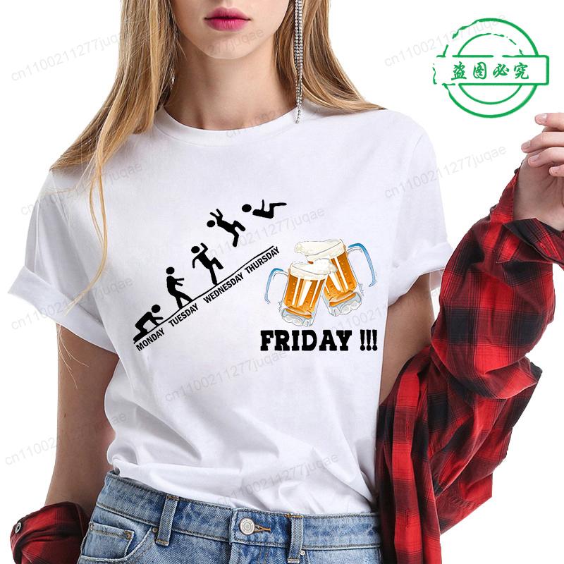 Women T Shirt Monday To Friday Drink Beer Funny Sports Fashion Casual T-shirt Skeleton FRIDAY Beer Graphic Tshirts Women Clothes