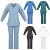 Women's Long Sleeve V Neck Solid Color Chest Pocket Work Top Elastic Waist Pants Two Piece Work Set,3 Pockets,Scrubs Tops For Women