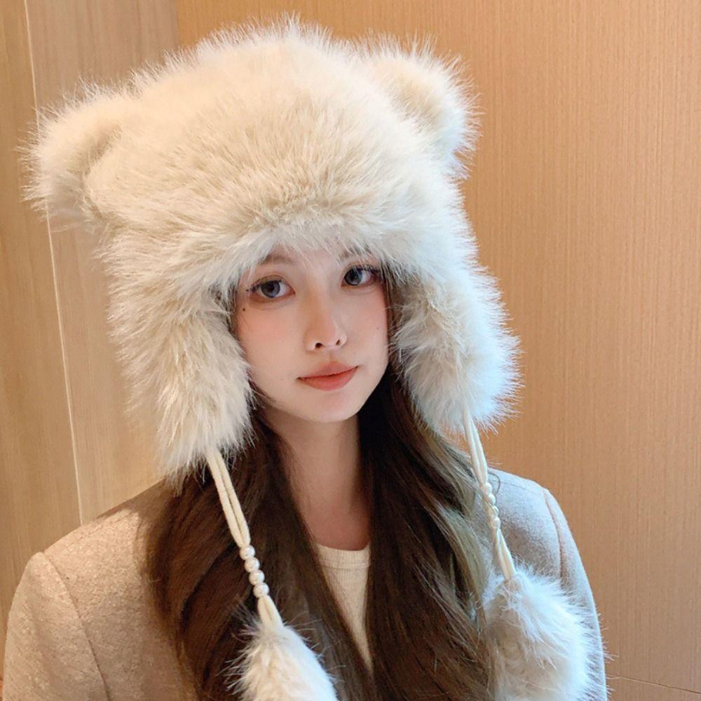 

Warm Ear Protection Hat Winter Velvet Bucket Hat Lace-up Cap Plush Bear Ears Hat Women