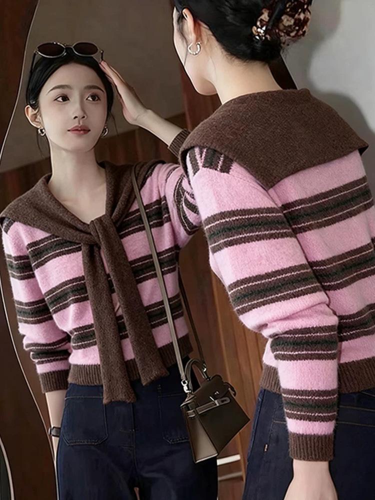 French Autumn/Winter Women's Wool Knit Color-Block Shawl & Striped Sweater Set