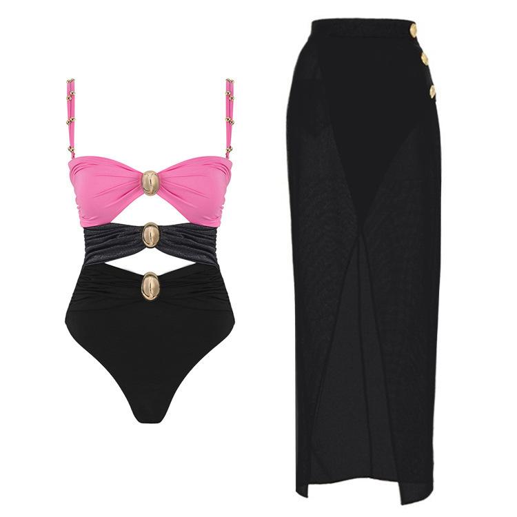 1011 European and American new one-piece swimsuit women's gold-plated round buckle decorative three-color hollow splicing sexy swimsuit 11011