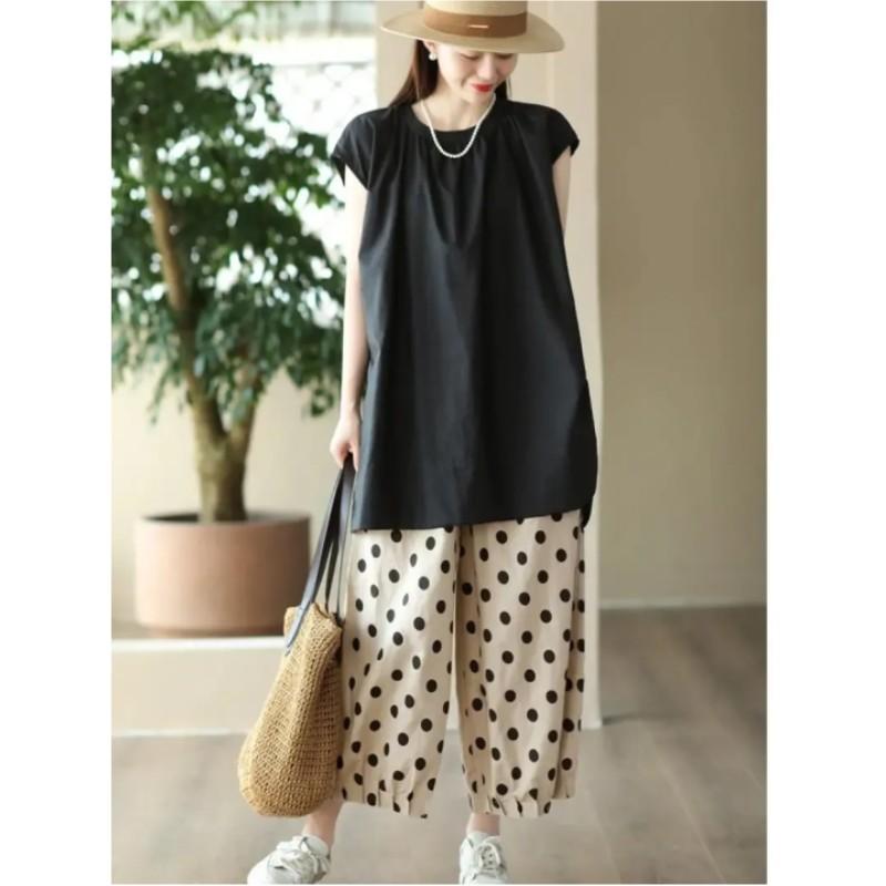 Women's Summer Loose Draped Thin Section Wide Leg Pants Polka Dot Design Casual Nine Minute Pants