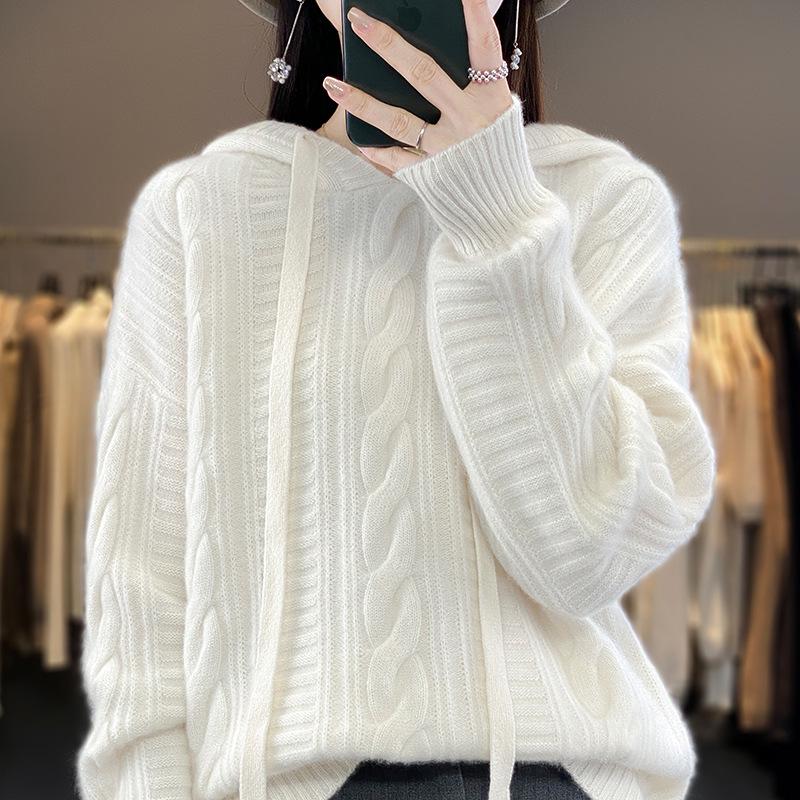 Women's Twisted Flower Cable Knit Wool Hoodie – Thick Pure Wool Sweater for Autumn/Winter
