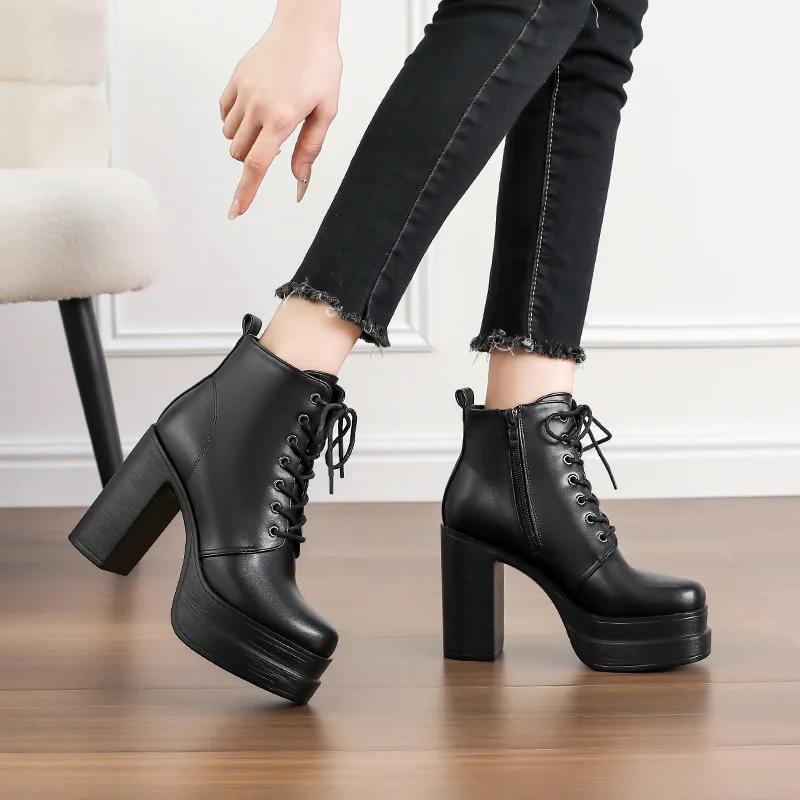 Women's Ankle Boots Platform  Trends Black Short Boot Winter Autumn Leather Gothic Punk Heels Party Shoe Lady Platform Boots