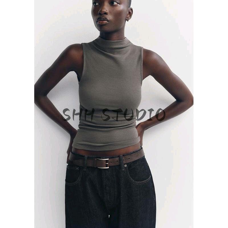 Spring New Women's Clothing Casual Stand Collar Cotton and Modal Blended T-shirt Sleeveless Tops 3641842
