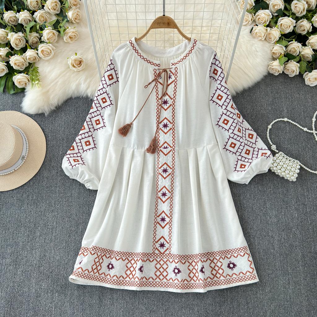 Bohemian Dress Women 2024 O Neck Ethnic Style Embroidery A-line Vestidos Retro French Chic Folds Dresses Summer Dropshipping