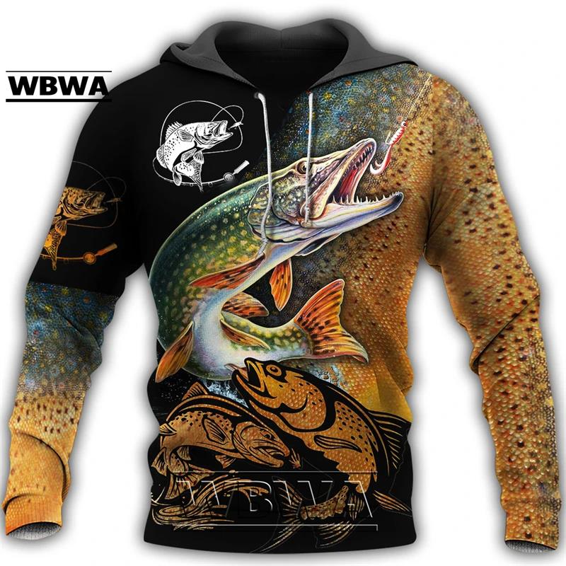 Autumn 3D Fishing Printed Hoodies Fashionable Casual Sports Long Sleeved Men's Hooded Sweatshirts