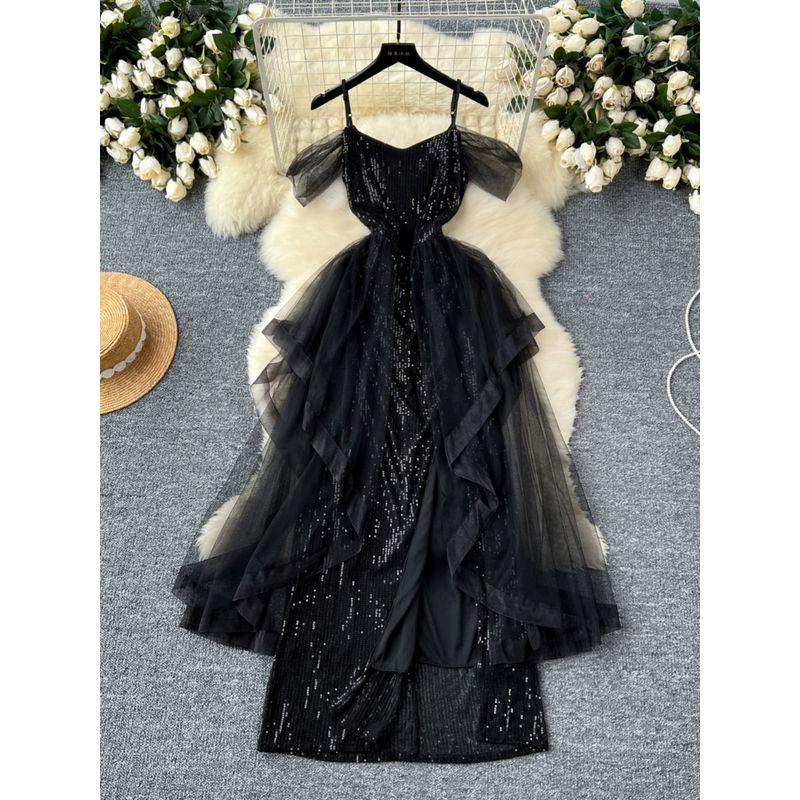 Elegant Niche Mesh Sequined Long Dress