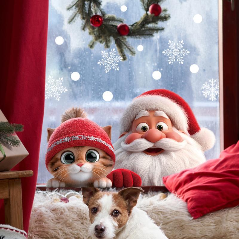 Christmas Window Clings With Cute Santa Cat Snowflake Pattern Removable Self Adhesive For Home Shop Xmas Decoration