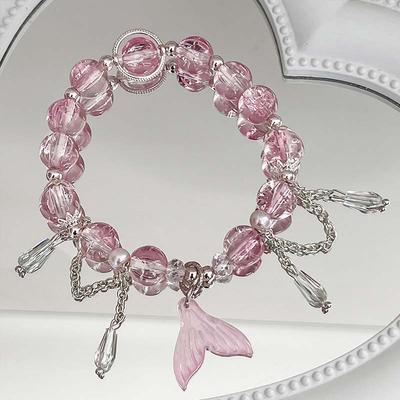 Korean Pink Crystal Fish Tail Pendant Bracelet For Women Elegant Handmade Beaded Tassel Chain Bracelets Jewelry Gifts
