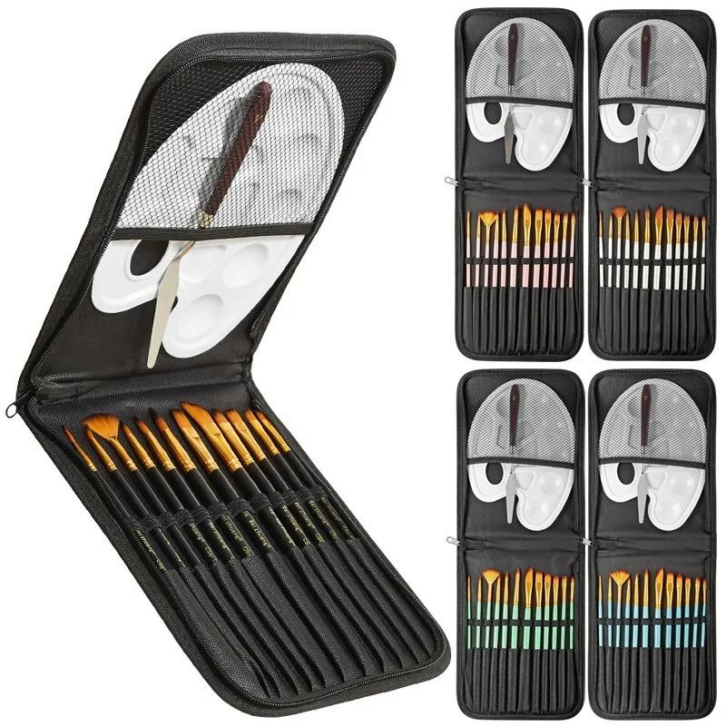 15pcs Nylon Paint Brush Set Portable Pen Curtain Canvas Bag Easy Carry for Acrylic Gouache Watercolor Oil Painting Color Mixing