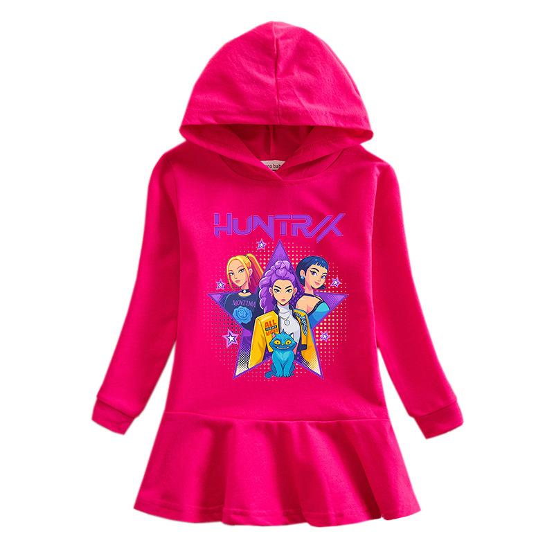 Frühling Herbst Kpop Hexenjagd Team Lotusblatt Rand Cartoon Regenbogen Mädchenkleid Baumwolle Langarm Hoodie Hundert Falten Prinzessinnenkleid