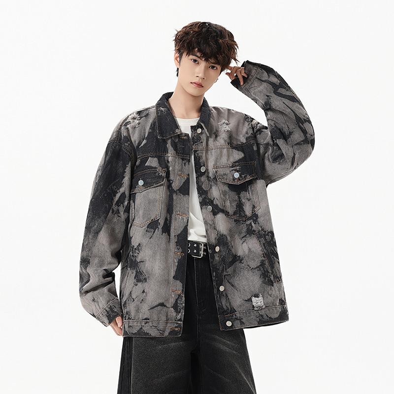 

American Retro Tie-Dye Denim Jacket - Trendy Loose-Fit Streetwear Top Large