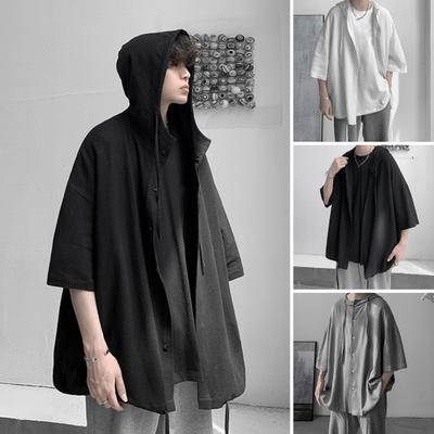 Half Sleeve Drawstring Men Tops Solid Color Single Breasted Thin Hip Hop Style Summer Hooded Shirt Coat Streetwear
