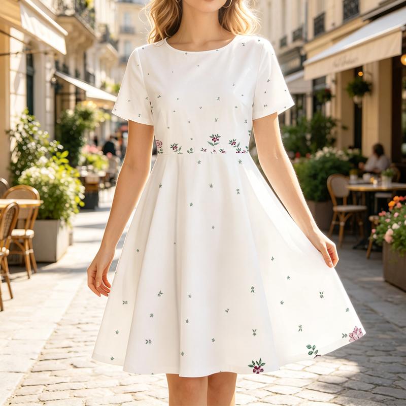 Crew Neck Short Sleeve Skater Dress, Tiny Floral Embroidered Print White Knee Length Dress For Women