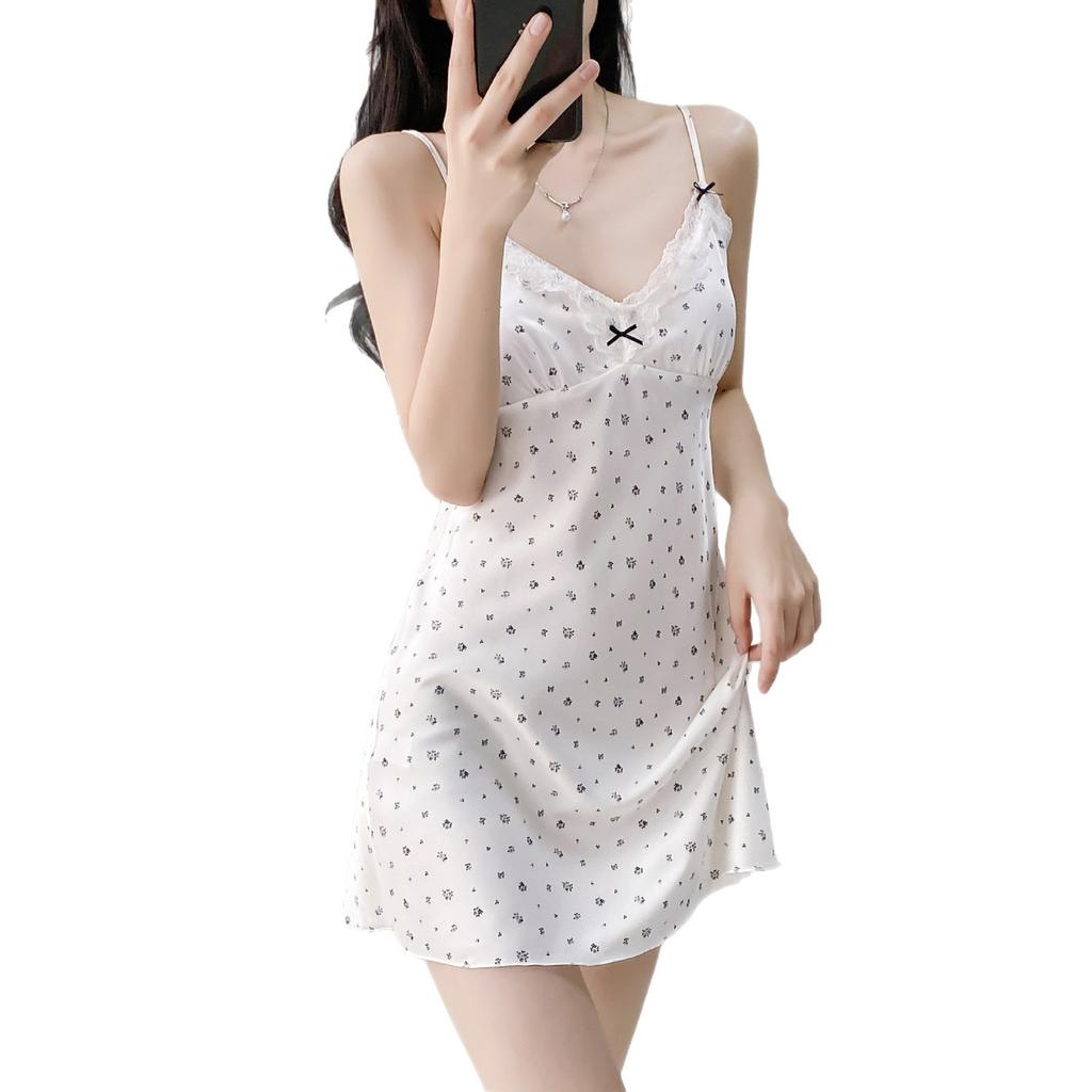 1011 spring and summer new printed pajamas women's ice silk thin nightgown sexy with chest pad suspender nightgown silk home