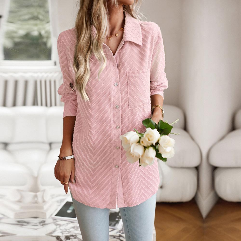 Женские осенние однобортные жаккардовые рубашки с длинными рукавами и воротником — фото 10