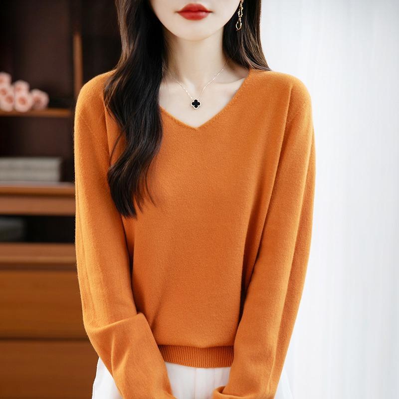 

Новый женский свитер с длинным рукавом и V-образным вырезом, пуловер, универсальный, свободный и стройнящий однотонный свитер XXL тыква