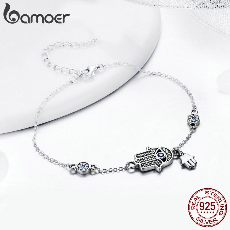 BAMOER Authentic 925 Sterling Silver Hand of Fatima Chain Link Bracelets