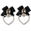 S925 Needle Sweet Jewelry Black Bowknot Earrings New Design Crystal Glass Simulated Pearls Heart Drop Earrings For